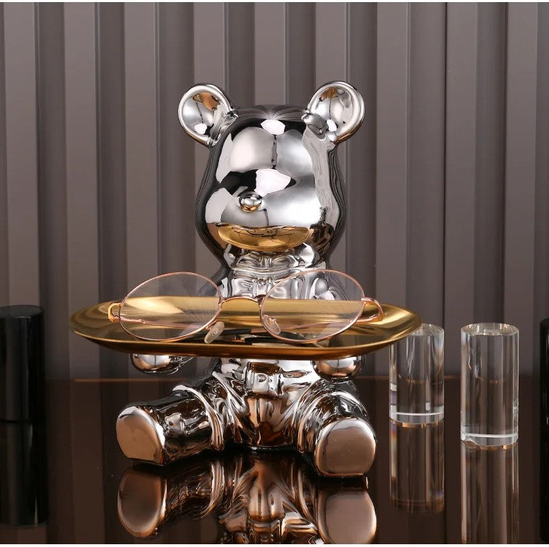 NNEOBA Sculpted Elegance: Silver-B Ceramic Electroplated Bear Doll Ornament